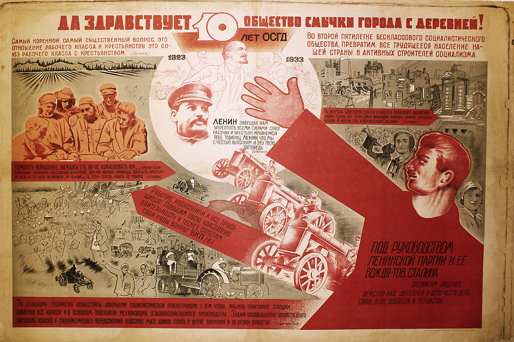 Long live the society for connections between city and country!
10th Anniversary of OSGD 1923-1933
[Top left in red] “The most radical, most important issue is the relation of the working class to peasants and the union of the working class with peasants.”  --Lenin 
[Partial translation]