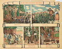 PP 1086: Day of the Forest - A Turn to the Restoration of Forestry.   
Panel 1). We don’t account for that which is everywhere.
Panel 2). We lament that which has been lost and then we cry from grief.
Panel 3). In vain they chopped-down [the forest] and it perished, but the Komsomols planted, 
a green forest began to grow, harmoniously growing, as it should.  [Partial translation]